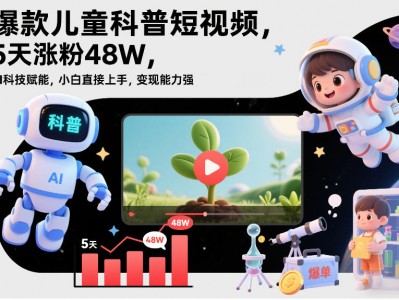 爆款儿童科普短视频，5天涨粉48W，AI科技赋能，小白直接上手，变现能力强，橱窗带货爆单不停