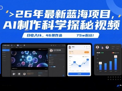 26年最新蓝海项目，AI制作科学探秘视频，变现方式强到离谱，日收入1K，46条作品75W粉丝